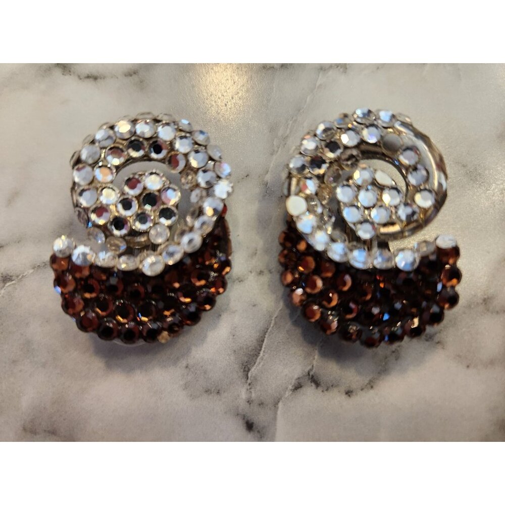 Vintage Rhinestone Clip-On Earrings With Brown & Clear Stones (Missing Stones)